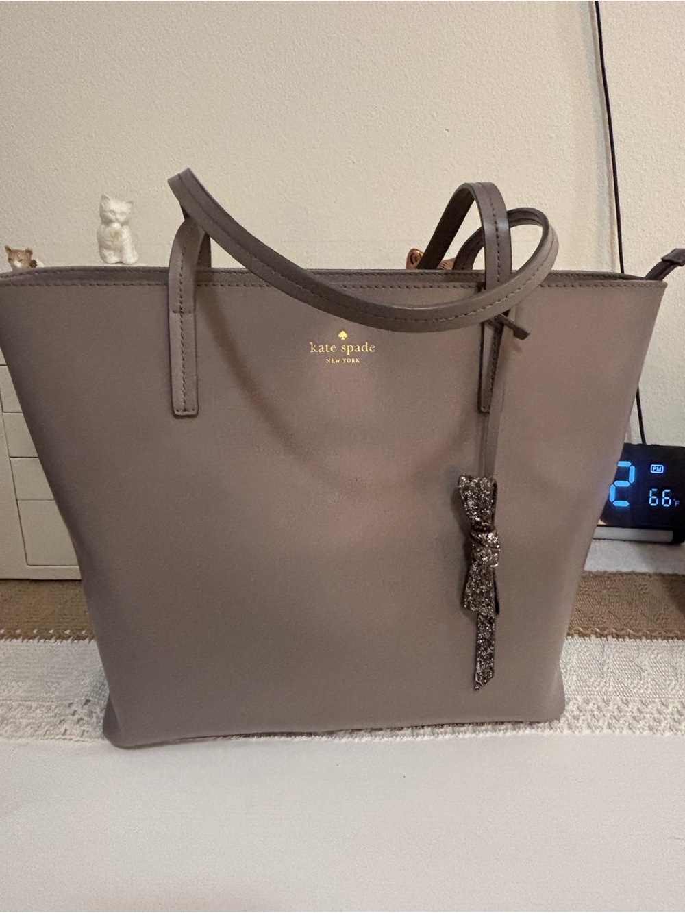 kate spade taupe gray shoulder tote with bow charm